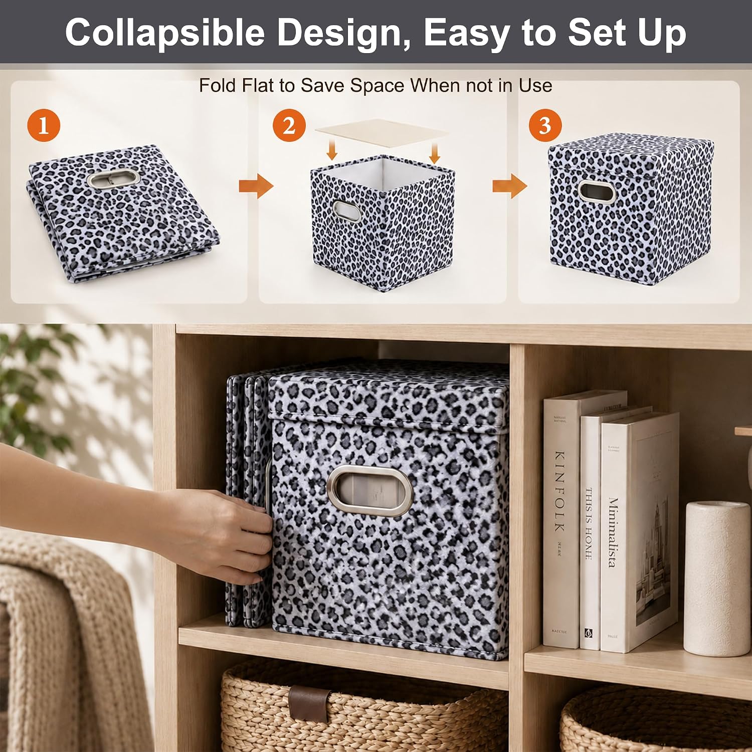 ANMINY Leopard Cheetah Print Storage Cubes Bins with Lids, 11Inch 2PCS | Velvet, PP Board Frame, Collapsible & Washable, Built-in Metal Handles, Animal Themed Fabric Cubes, Closet Shelves, Gray