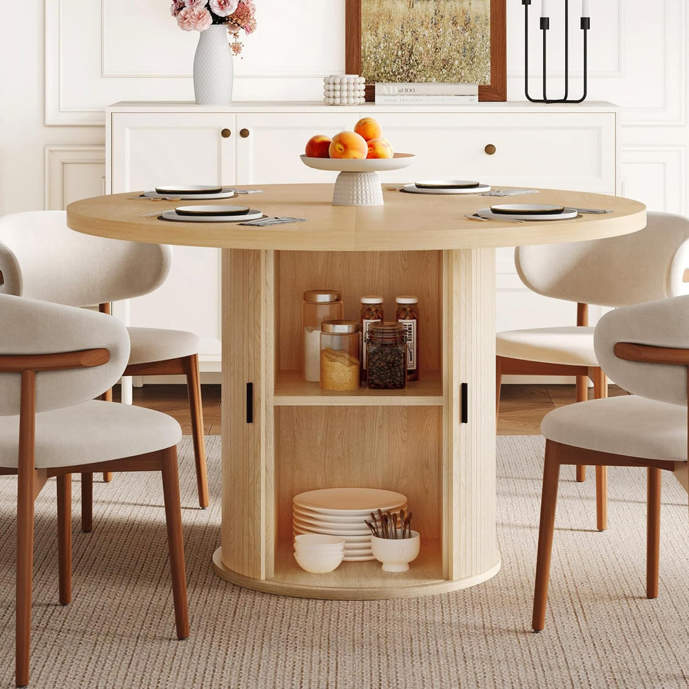 47 inch Round Dining Table for 4-6, Dinner Table with 2-Layer Storage Shelf, ...
