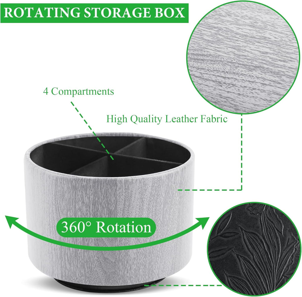 Round Leather Art Supply Organizer,Remote Control Holder,360 Degree Spinning,Multi-Functional Pencil Holder,4 Compartments Desktop Stationary Organizer(1-Thin Wood Grey)