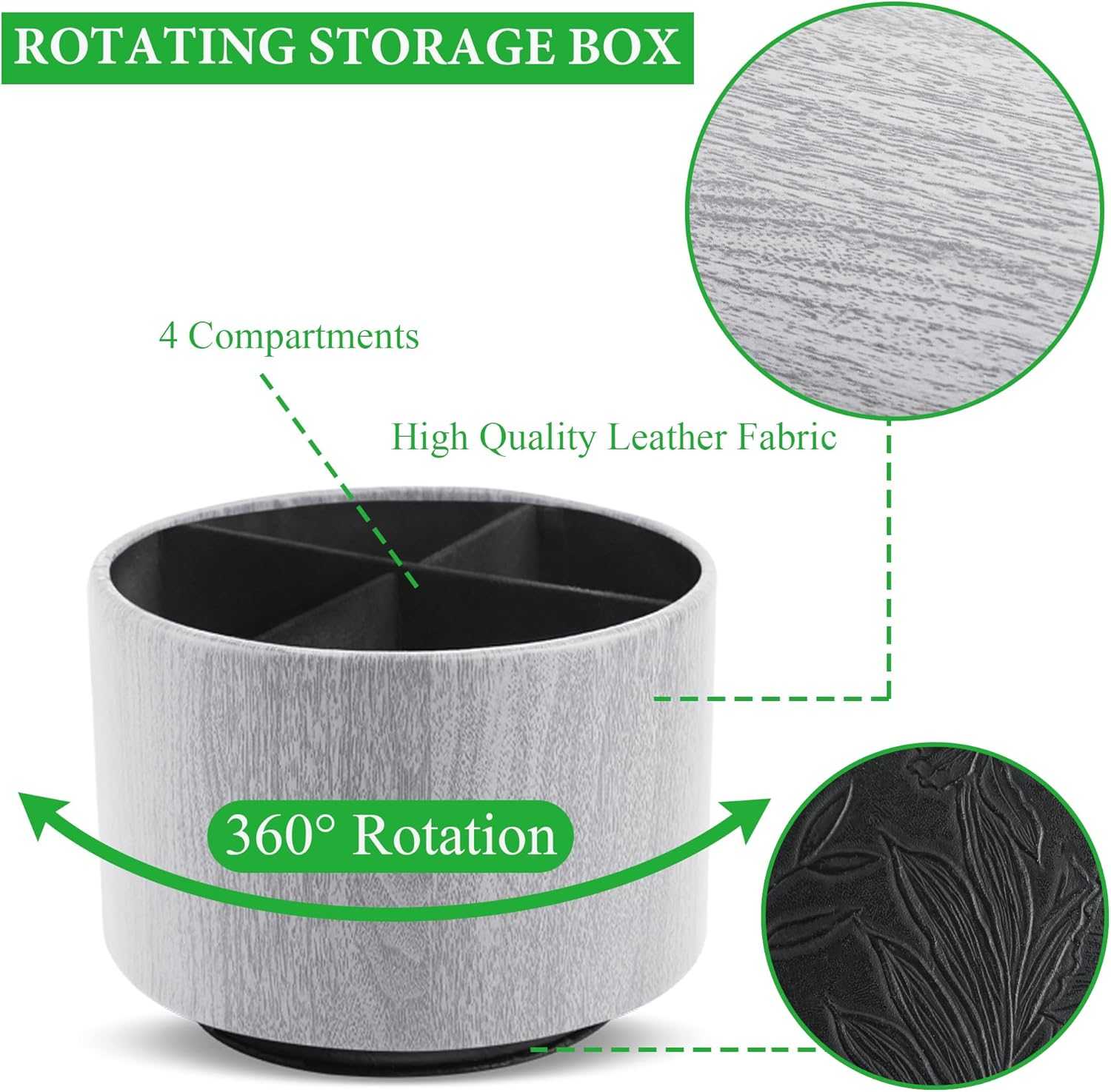 Round Leather Art Supply Organizer,Remote Control Holder,360 Degree Spinning,Multi-Functional Pencil Holder,4 Compartments Desktop Stationary Organizer(1-Thin Wood Grey)
