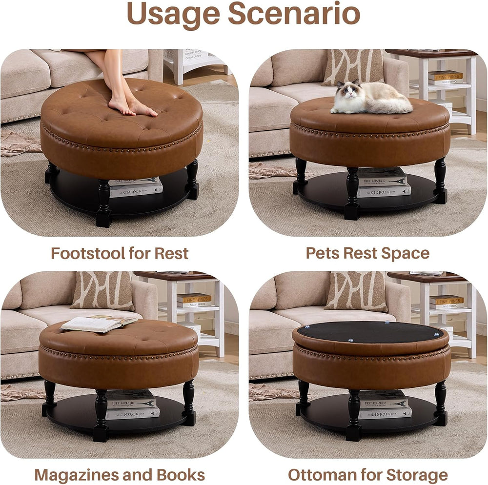 31.5 Inch Large Round Storage Ottoman with Wood Shelf Multifunctional Coffee ...