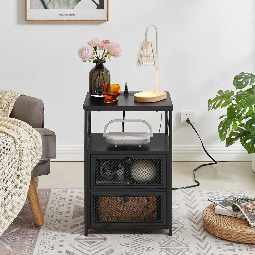 VECELO Black End Table with USB Ports and Outlets,24 Inch Nightstands with Ch...