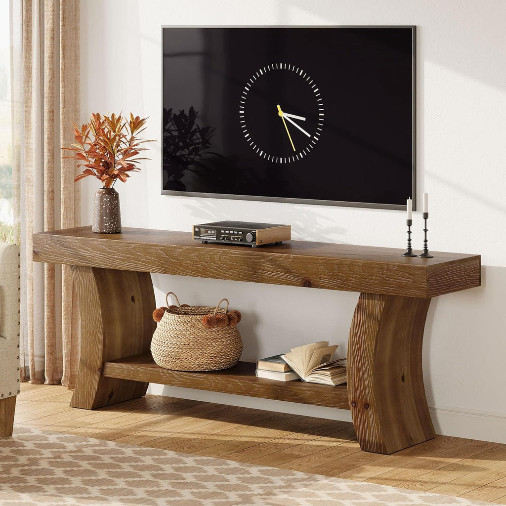 63" Solid Wood TV Stand for 55/60/65/75" TVs, Farmhouse TV Console, Low Entertainment Center with Storage for Living Room, Bedroom (Dark Brown)