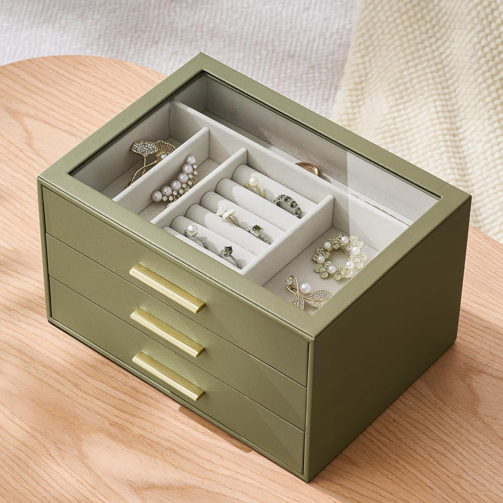 Jewelry Box Organizer Case for Women: 3-Layer Jewelry Storage Case with Glass Window, Olive Green Leather with Cream Velvet, Holder for Ring Necklace Bracelet Brooch Watch, Great Gift for Her