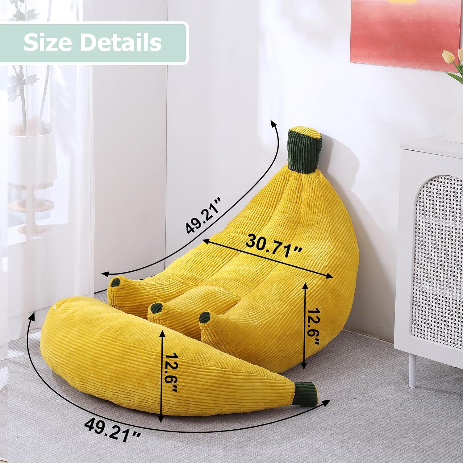Banana Chaise Lounge Sofa Chair for Living Room, Bean Bag Chair with Ottoman, Floor Sofa Bed with Footrest, Comfy Convertible Lounger, Plush Couch for Bedroom, Dorm (Yellow, Queen)