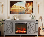 JUMMICO Fireplace TV Stand, Farmhouse Entertainment Center with Fireplace and Shelves, Double Barn Doors Storage Cabinets for TVs to 65+ Inch for Living Room (Grey)