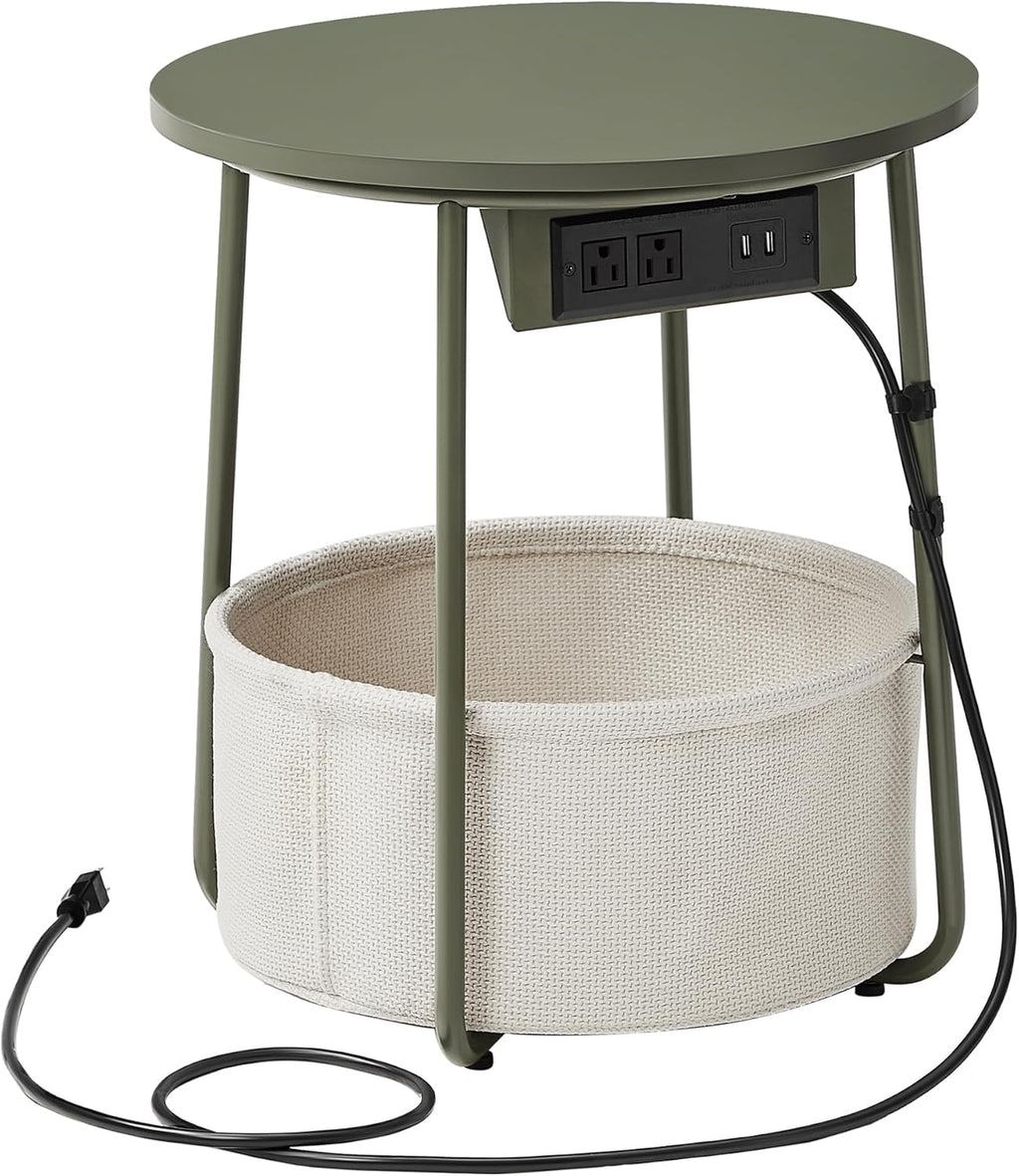 SONGMIC HOME Round Side End Table, Nightstand with Charging Station and Fabric Basket, for Living Room, Green and White