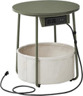 SONGMIC HOME Round Side End Table, Nightstand with Charging Station and Fabric Basket, for Living Room, Green and White
