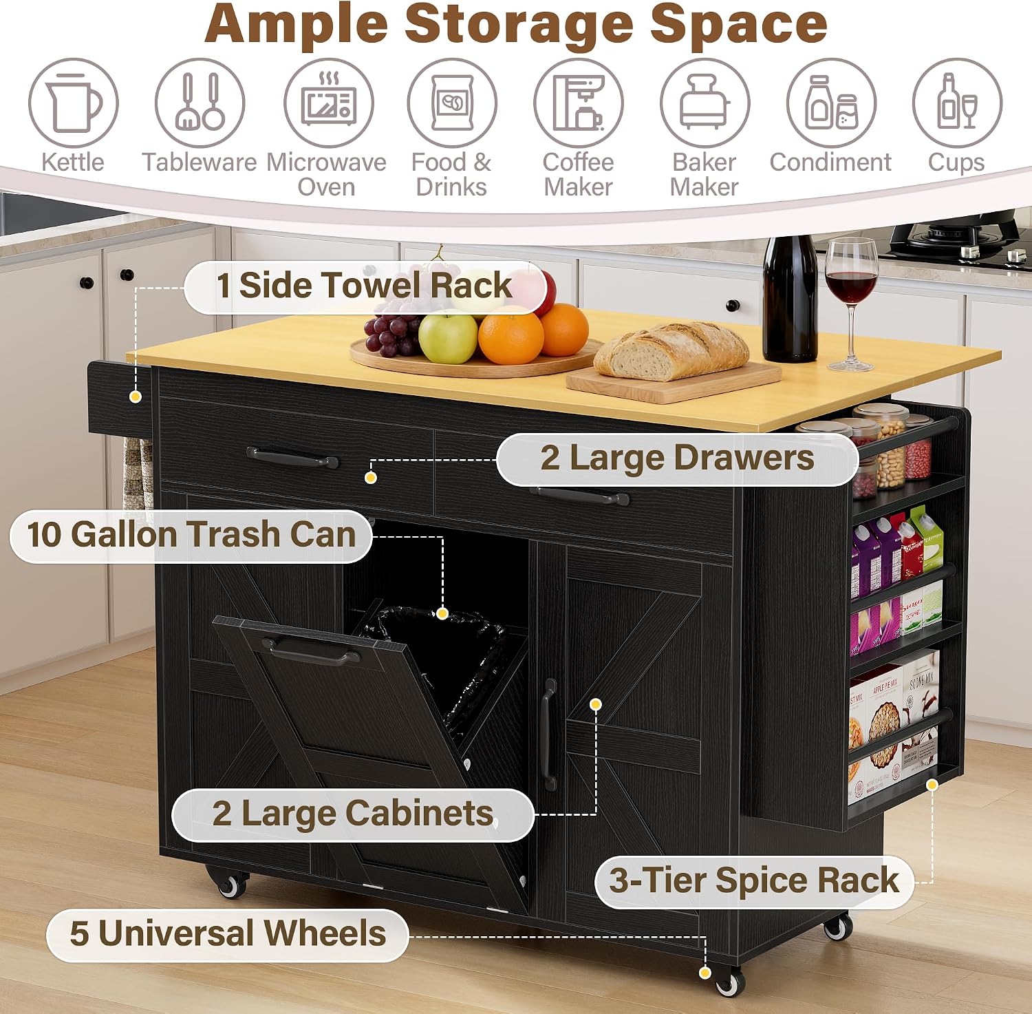 YESHOMY Kitchen Island on Wheels with Trash Cabinet, 56" Mobile Cart with Drop Leaf and Drawers, Rolling Portable Table with Spice Rack & Towel Holder for Dining Room, Black