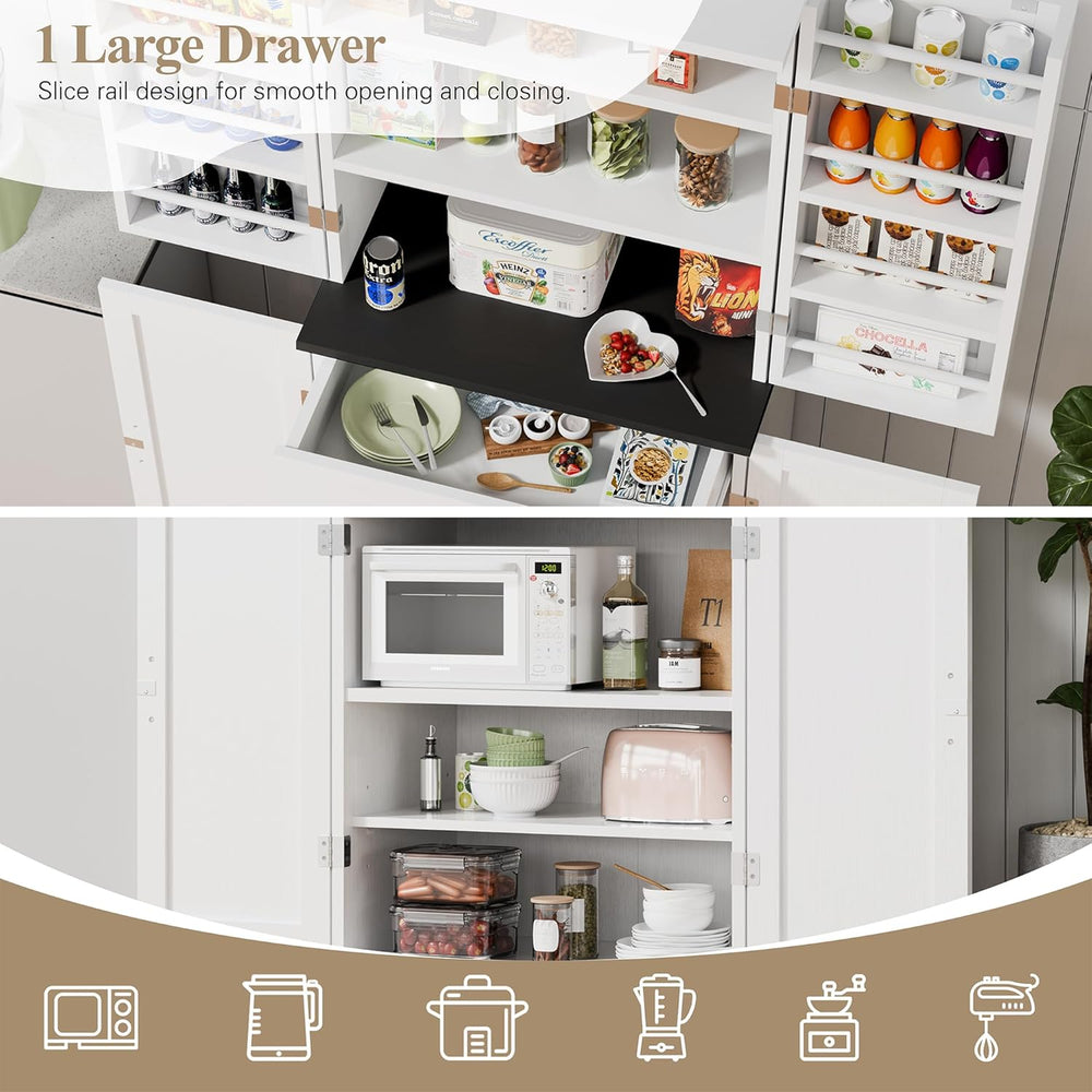 Vongrasig Kitchen Pantry Storage Cabinet with Barn Doors, Drawer and Adjustab...