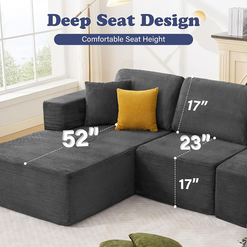 109” Cloud Sectional Couch, Boneless Modular Sofa with L-Shape Chaise, Deep Seat Corduroy Couch, No Assembly Required, Modern Upholstered Sectional for Living Room Apartment Bedroom