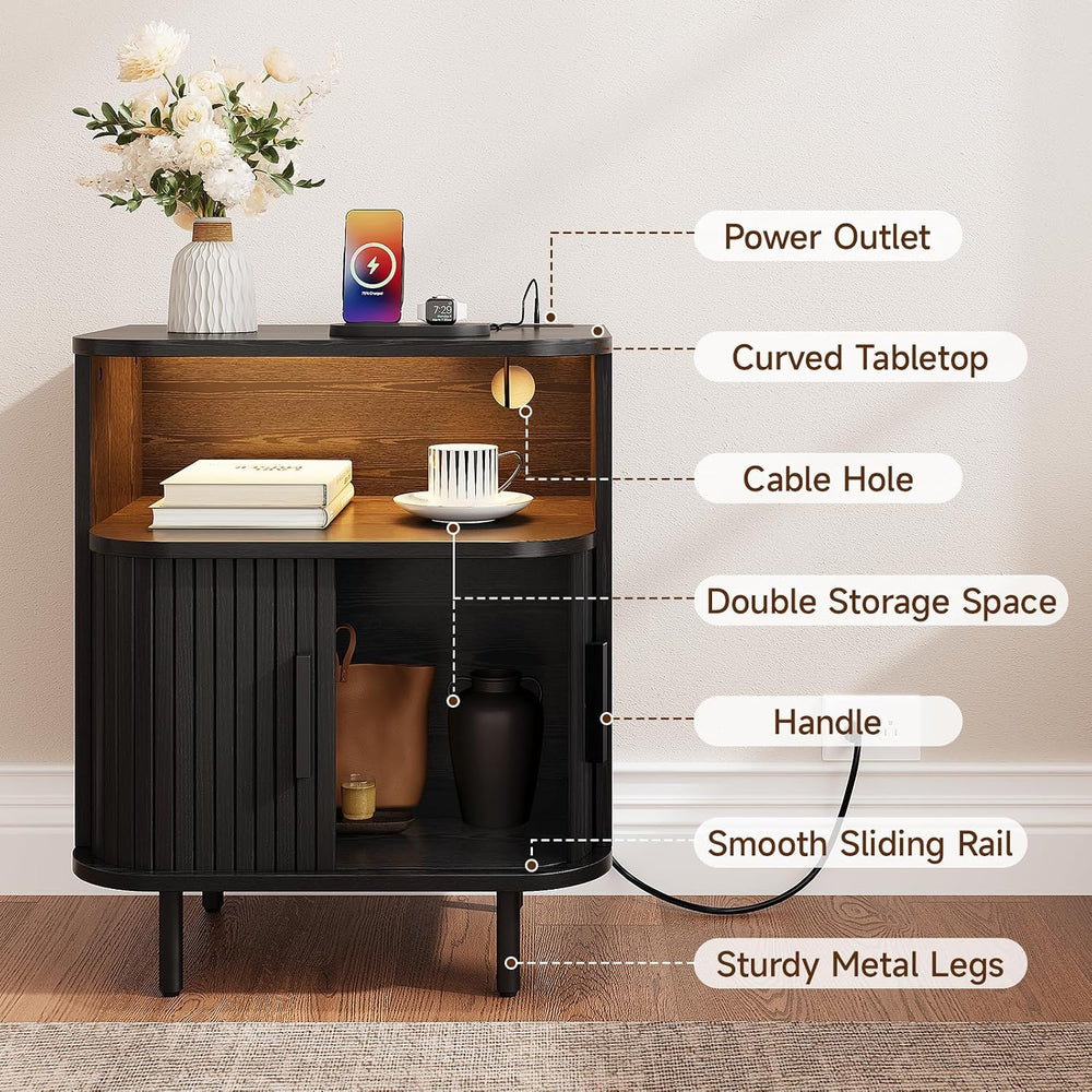 ONBRILL Fluted Nightstand with Drawers, Modern End Table with Charging Statio...