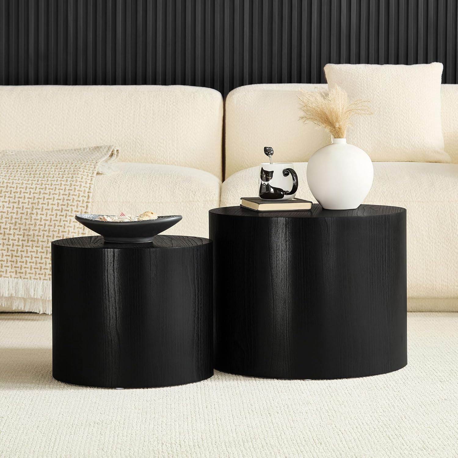 Nesting Coffee Table Set of 2, Modern Round Small Side Table Circle Accent End Table Drum Wood Center Table for Living Room Apartment Bedroom Office, No Assembly, Black