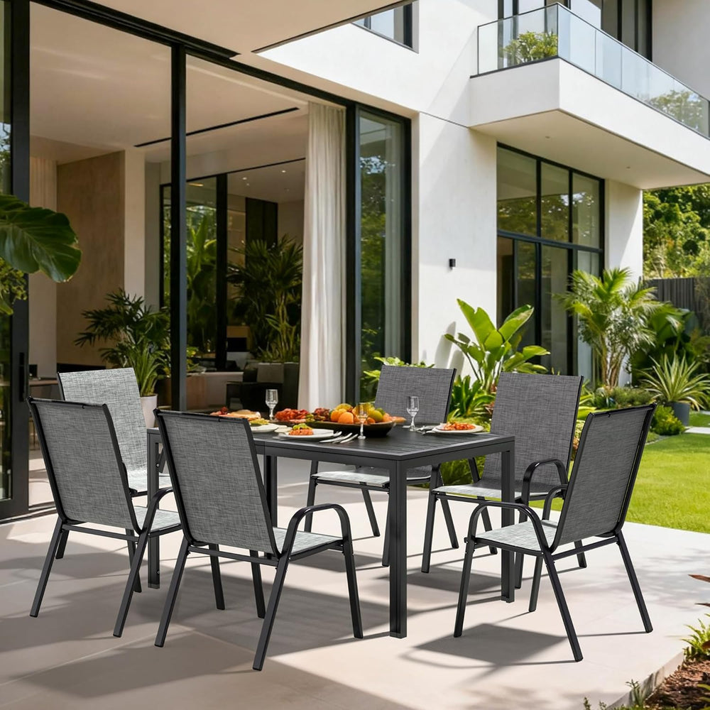 Pamapic Outdoor Dining Sets for 6, Rectangular Steel Slat Table with 6 Textil...