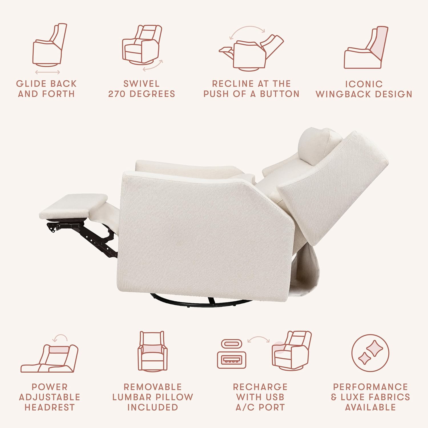 Babyletto Kiwi Plus Electric Recliner Glider in Performance Cream Eco-Weave | GREENGUARD Gold & CertiPUR-US Certified - Power Recliner Rocking Nursery Chair w/ USB Ports - 270° Swivel