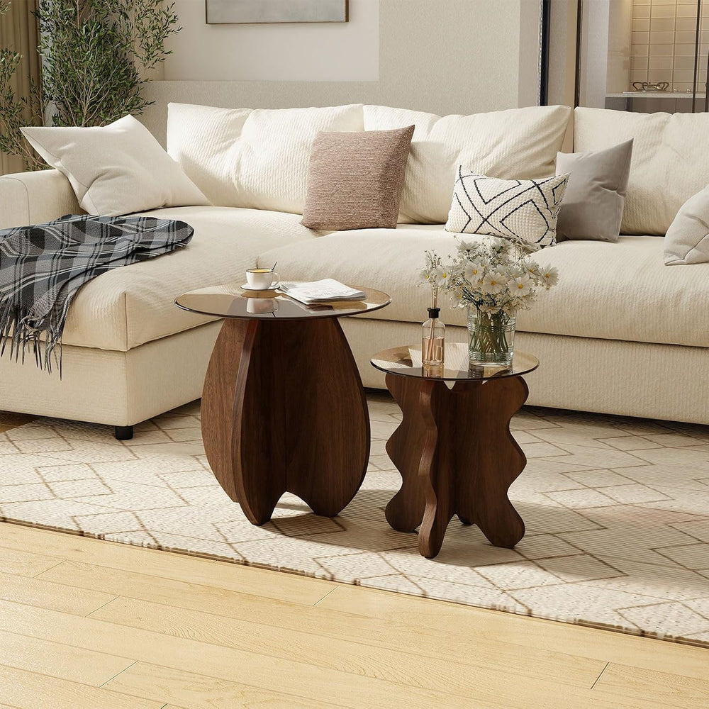 MDF Frame Side Table with Brown Tempered Glass Top, Mortise and Tenon Joint D...