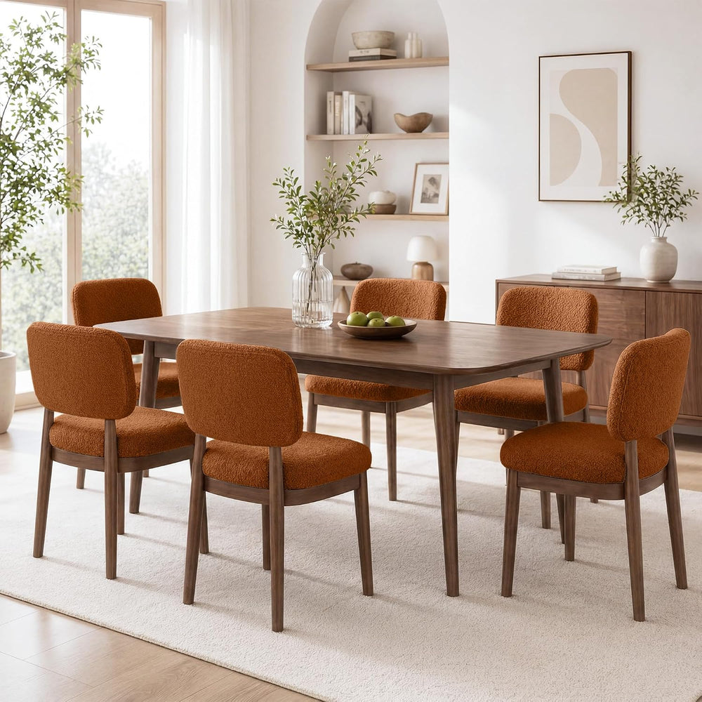 Wooden Dining Chairs Set of 6, Boucle Upholstered Kitchen Chairs with Solid W...
