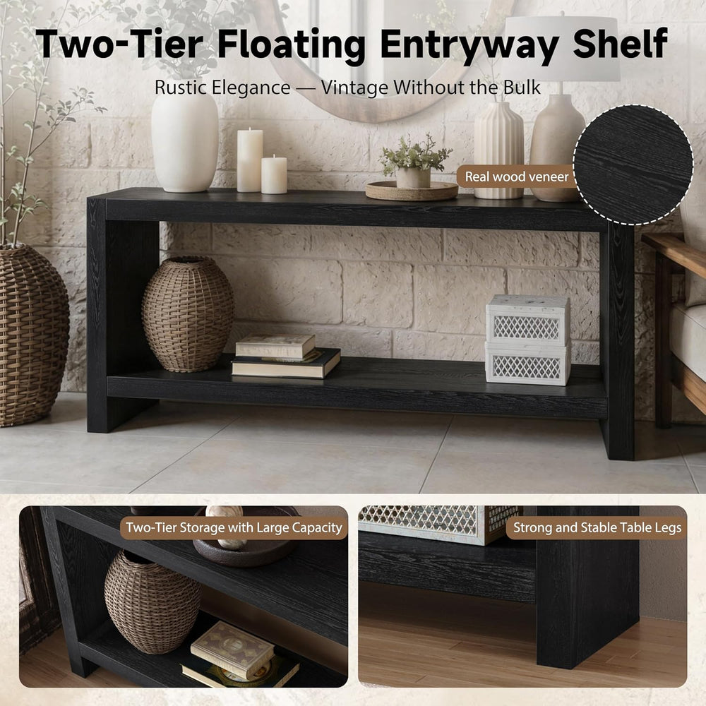 LUMISOL Farmhouse Console Table with Shelf & Wood Veneer, Black