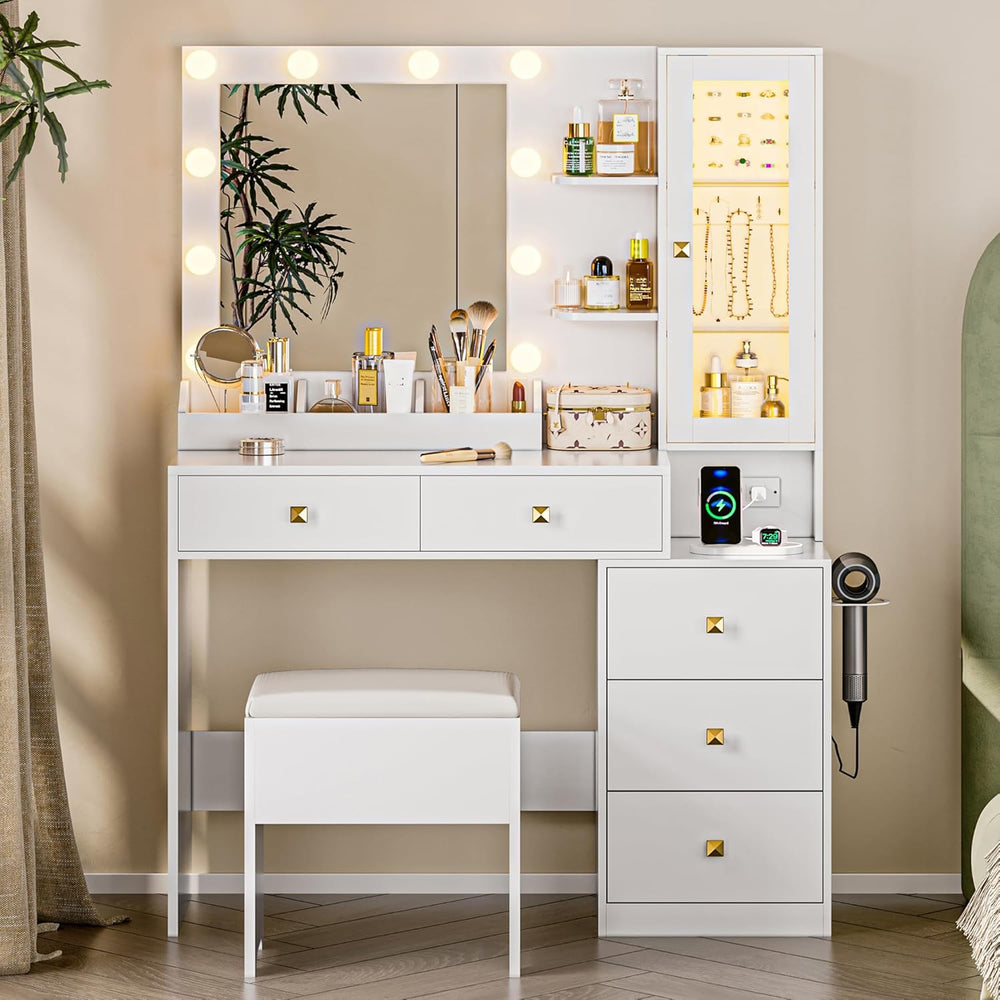 Vanity Desk with Mirror and Lights, White Makeup Vanity with 5 Drawers Hidden...