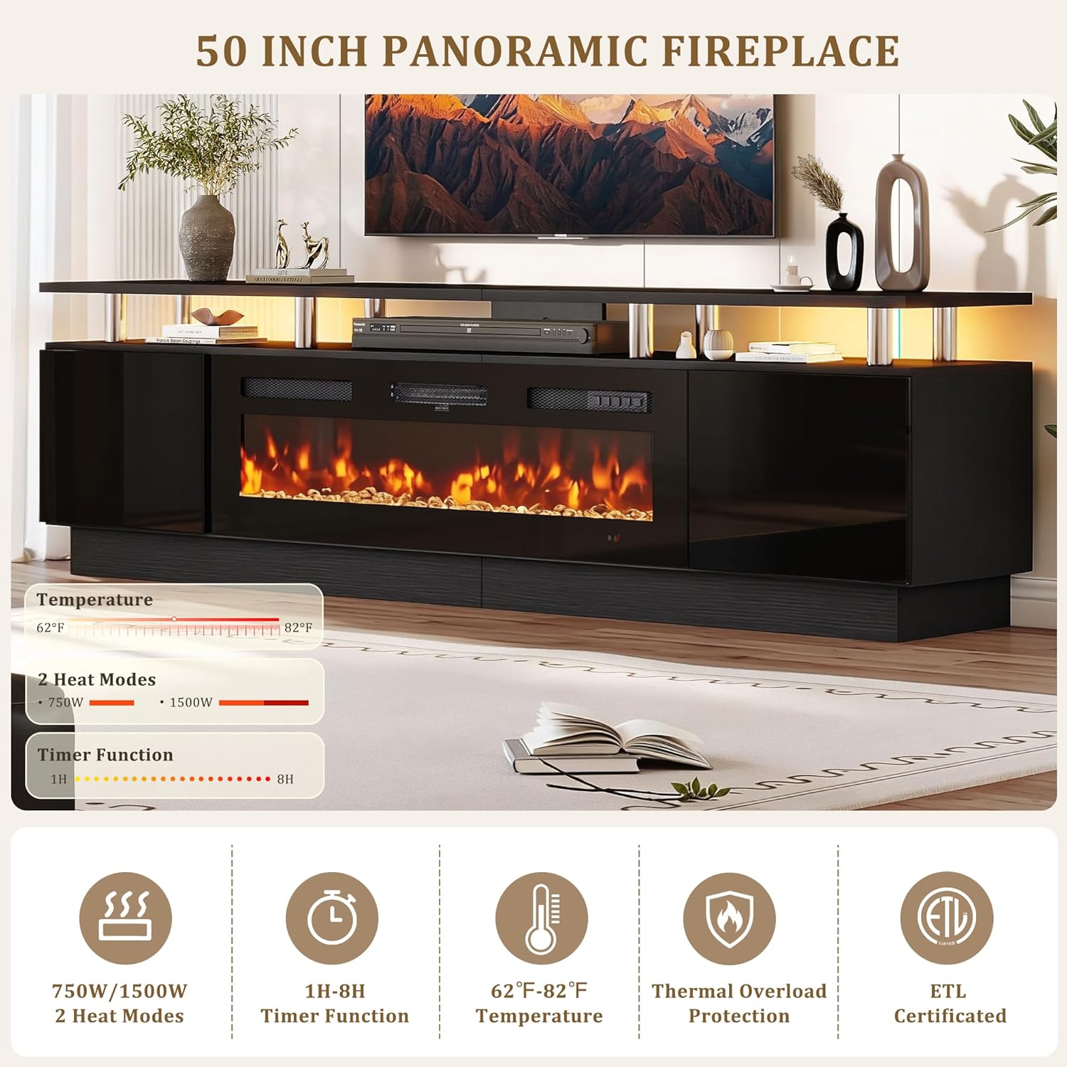 oneinmil 90'' Fireplace TV Stand with 50” Electric Fireplace, 2 Tier TV Console Stand for TVs Up to 100", LED Light Entertainment Center, Fireplace for The Living Room TV Stand, Black