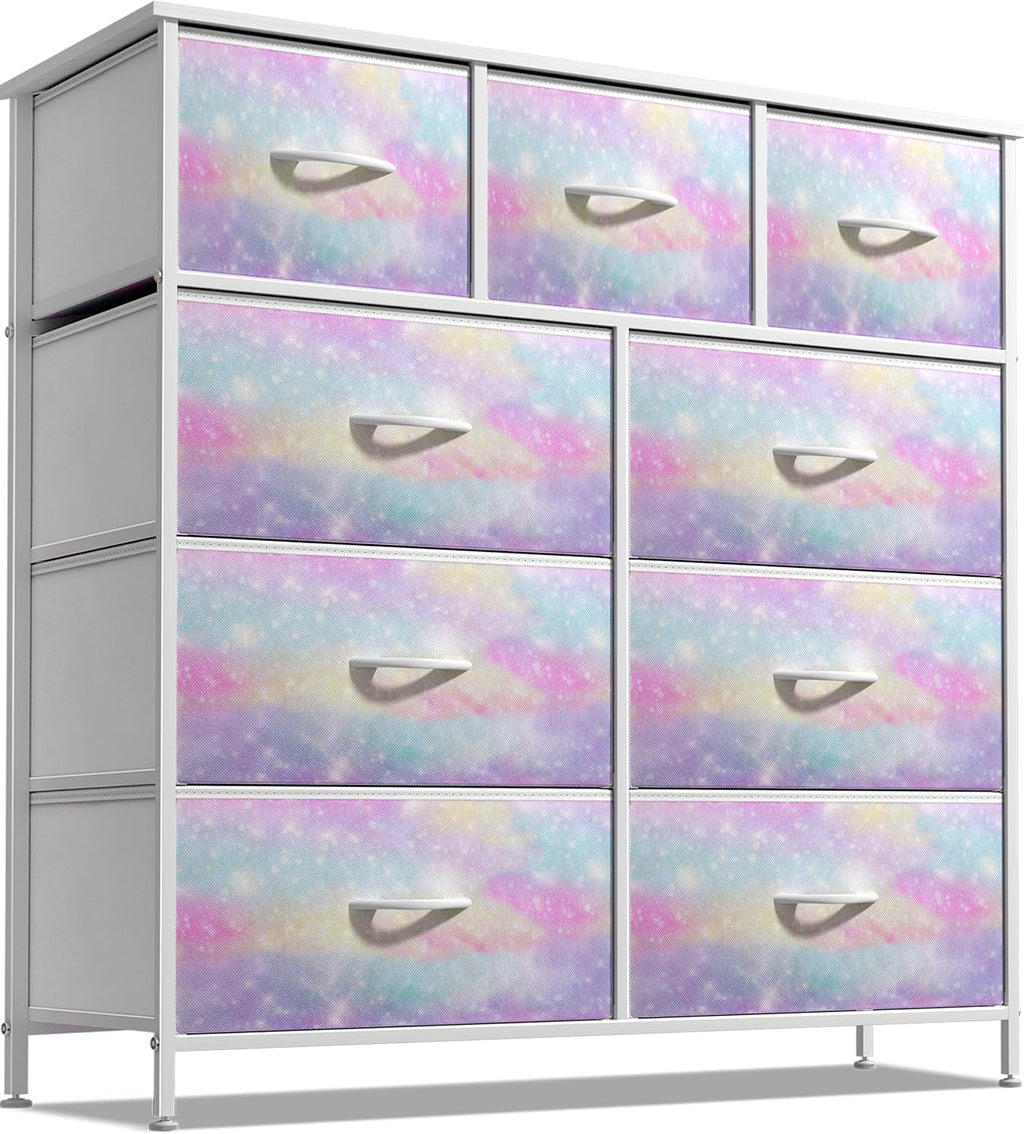 Sorbus Dresser with 9 Drawers - Furniture Storage Chest for Kid’s, Teens, Bedroom, Nursery, Playroom, Clothes, Toys - Steel Frame, Wood Top, Fabric Bins (Tie-dye)