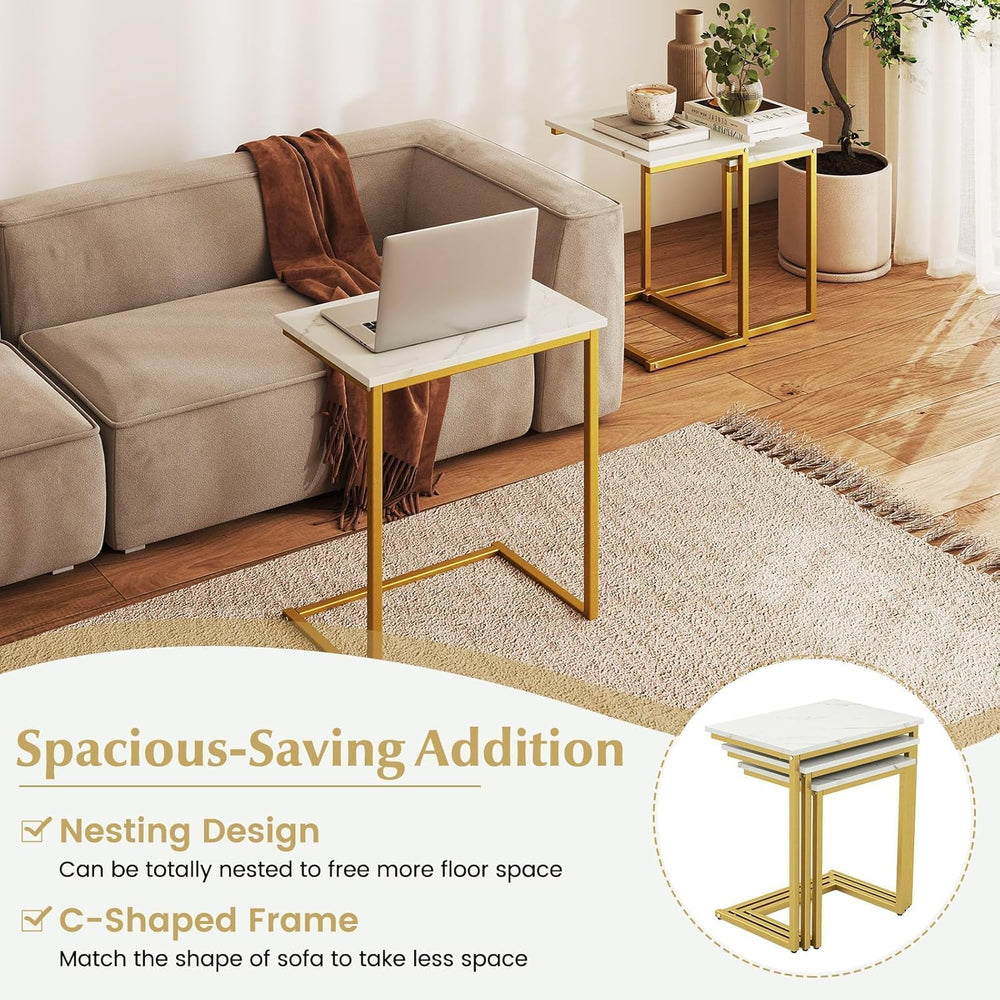 3-Piece Nesting Coffee Table Set, Stackable C-Shape (White Gold) | Faux Marbl...