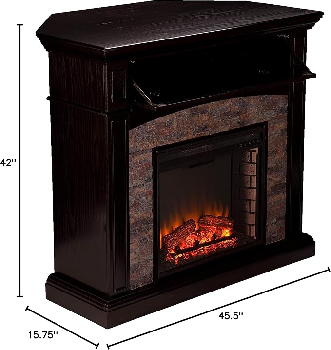 SEI FURNITURE Grantham Faux Stone Corner Electric Media Fireplace, Ebony Finish.