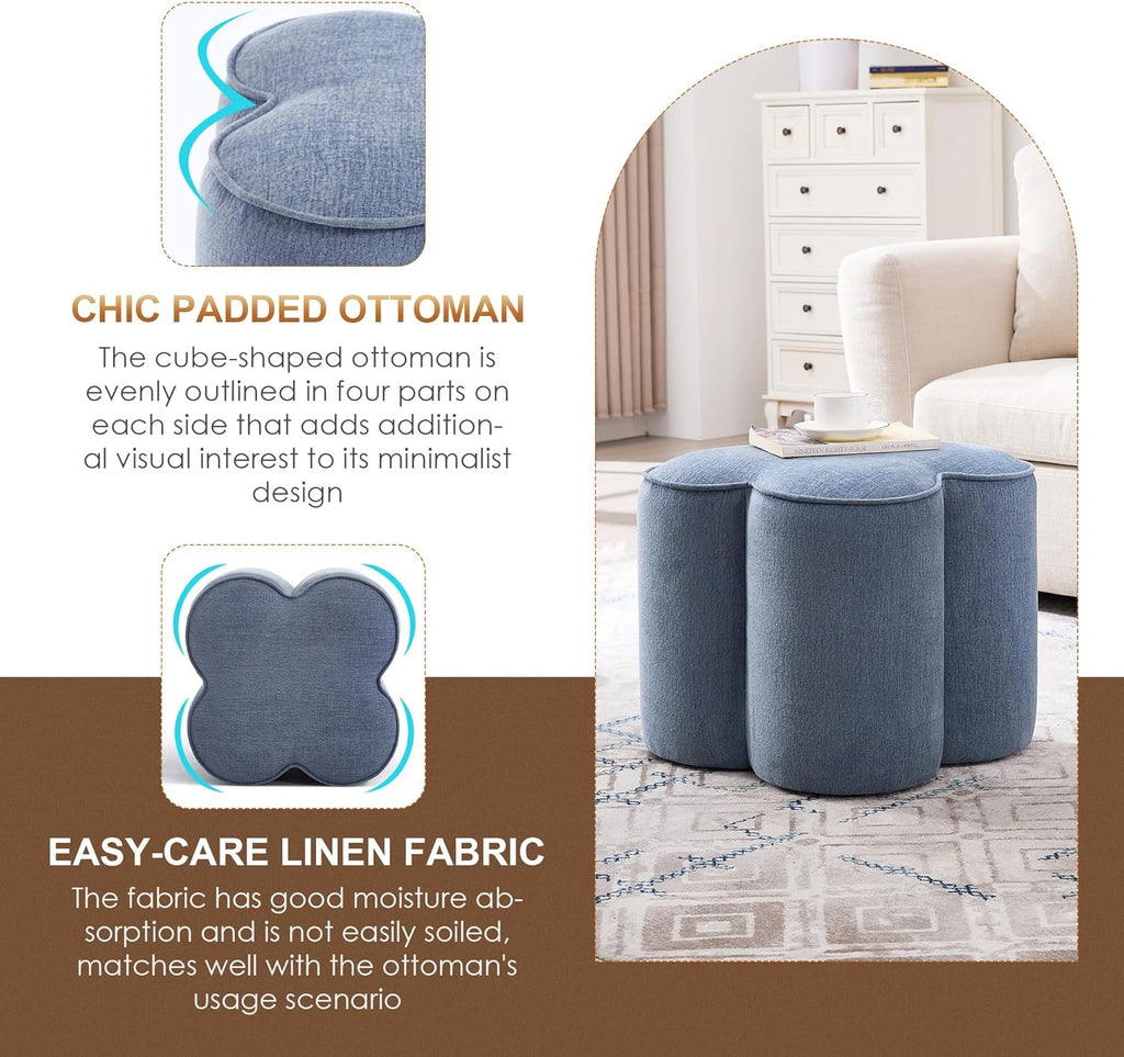 Zesthouse Flower Pouf Ottoman Foot Rest, Linen Fabric Poofy Ottoman Footstool for Couch Sofa, Modern Living Room Stool Seat for Under Entry Table, Cute Square Vanity Stool for Bedroom Dorm, Blue