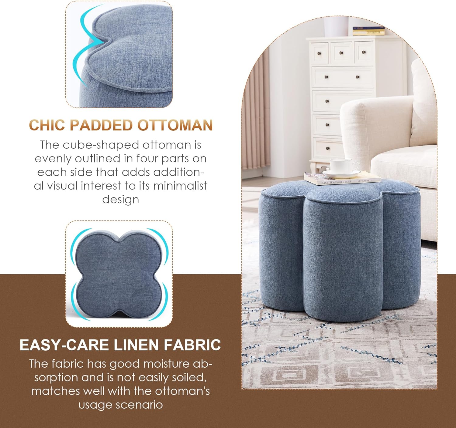 Zesthouse Flower Pouf Ottoman Foot Rest, Linen Fabric Poofy Ottoman Footstool for Couch Sofa, Modern Living Room Stool Seat for Under Entry Table, Cute Square Vanity Stool for Bedroom Dorm, Blue