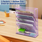 EASEPRES Desk File Organizer Mesh 6 Tier, Hanging Wall Mount Document Organization Stand, Desktop Vertical Mail Paper Folder Holder Rack with Bottom Tray for Office Home Cubicle, Light Purple