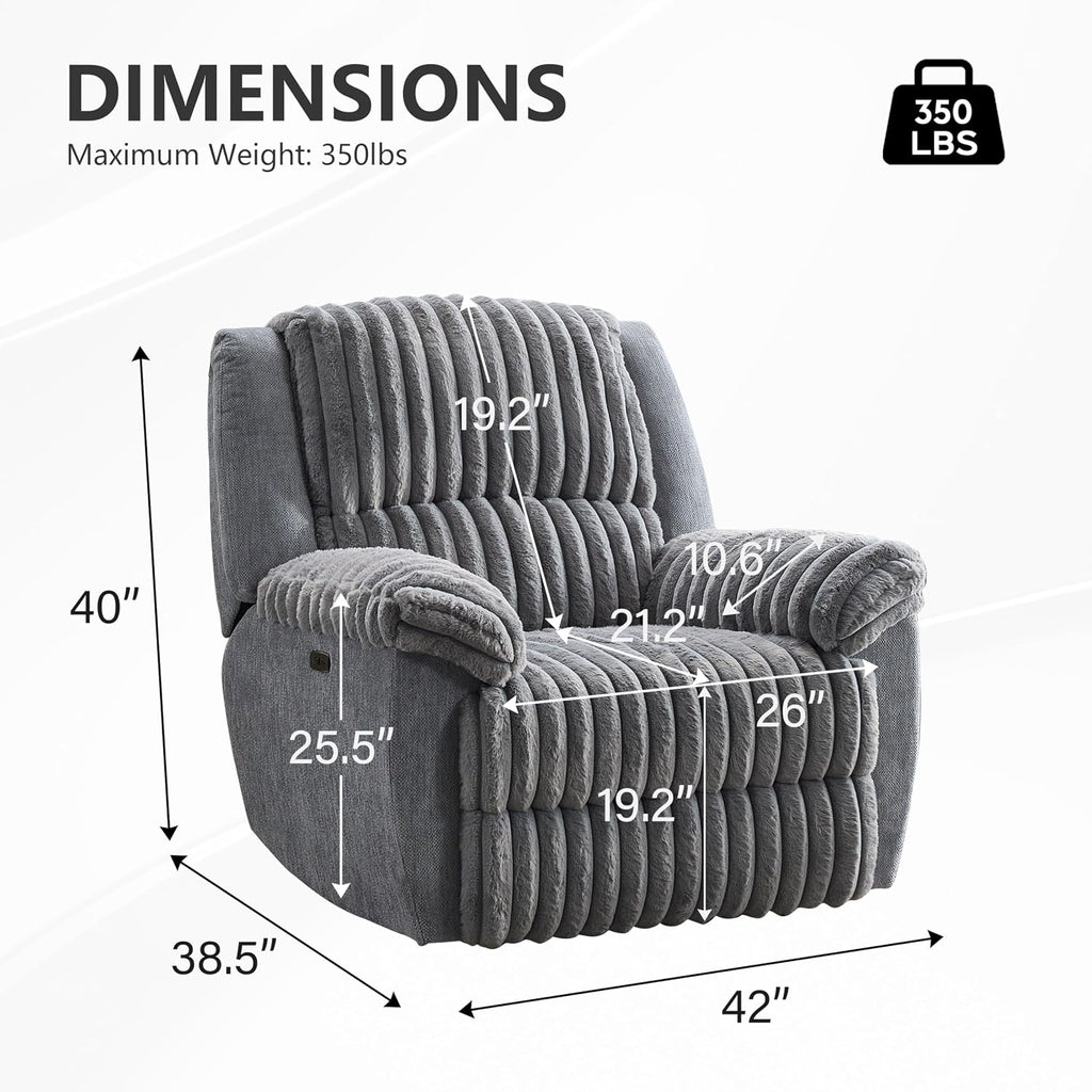 Oversized Power Recliner Zero Gravity with USB Port for Big Man Faux Fur Electric Extra Large Reclining Chairs for Living Room Soft Lumbar Support,26" Seat Width Grey