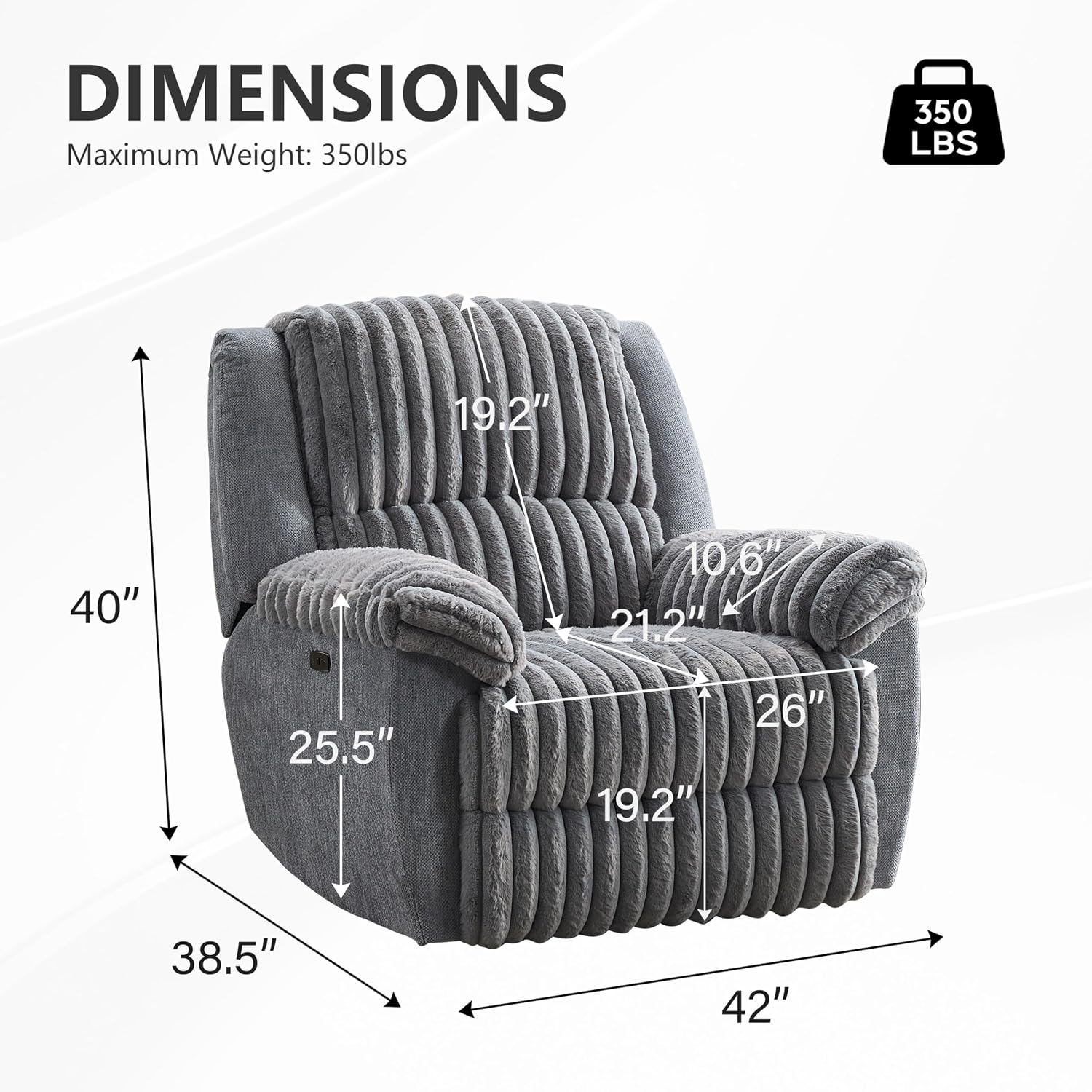 Oversized Power Recliner Zero Gravity with USB Port for Big Man Faux Fur Electric Extra Large Reclining Chairs for Living Room Soft Lumbar Support,26" Seat Width Grey