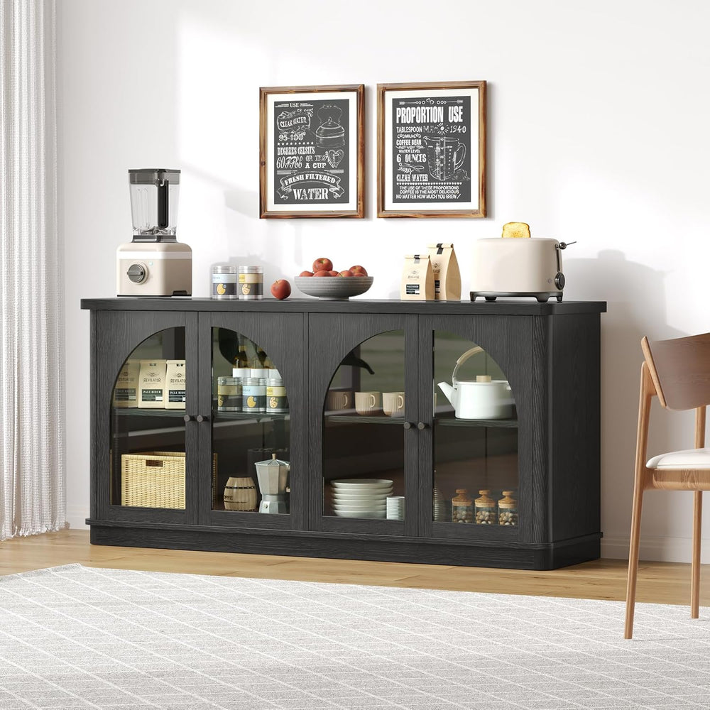 ONBRILL 63 Inch Sideboard Buffet Cabinet with Glass Doors and 4 Doors Black