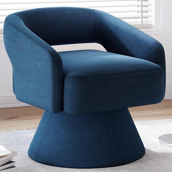 LINSY Swivel Barrel Chair, 360 Modern Swivel Accent Chair Boucle Swivel Chair Round Blue Velvet Chairs with Arms, Small Barrel Chair for Small Spaces Bedroom Living Room