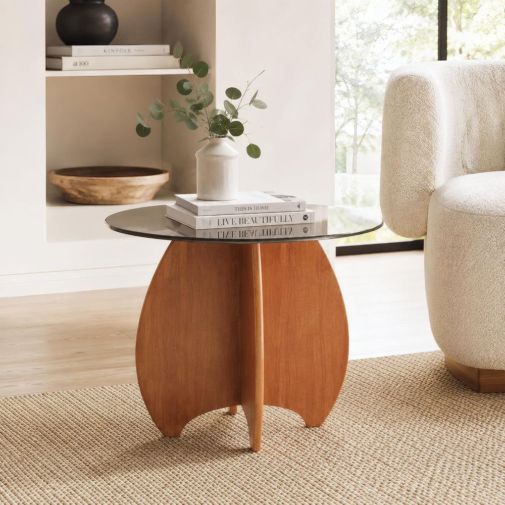 Modern Round Side Table for Living Room, 19.7" Glass Top End Table | Cof...