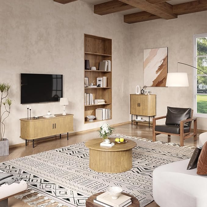 47''W Modern TV Stand Cabinet with Storage for TVs up to 60 Inch, Fluted TV Entertainment Center with Slatted Tambour Doors, Media Console for Living Room, Entryway, Natural