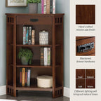 Leick Home 82263 Mission Mantel Height Corner Bookcase with Drawer Storage, Made with Solid Wood, for Entryway, Living Rooms, Home Office, Bedroom, Mission Oak Finish