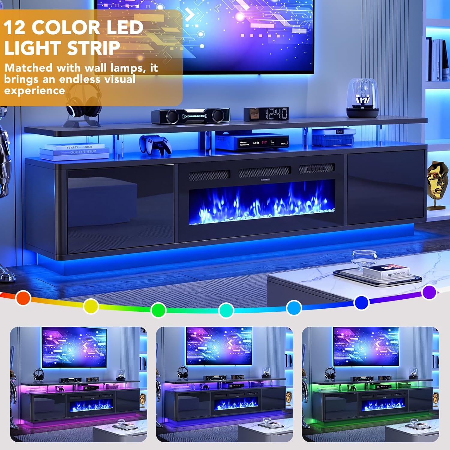 MXV 80" Fireplace TV Stand for Living Room, 36" Electric Fireplace with Adjustable Flames & Double LED Lights, Remote Control, Storage Cabinet with High Gloss Board, Fits TVs Up to 90", Black & Black