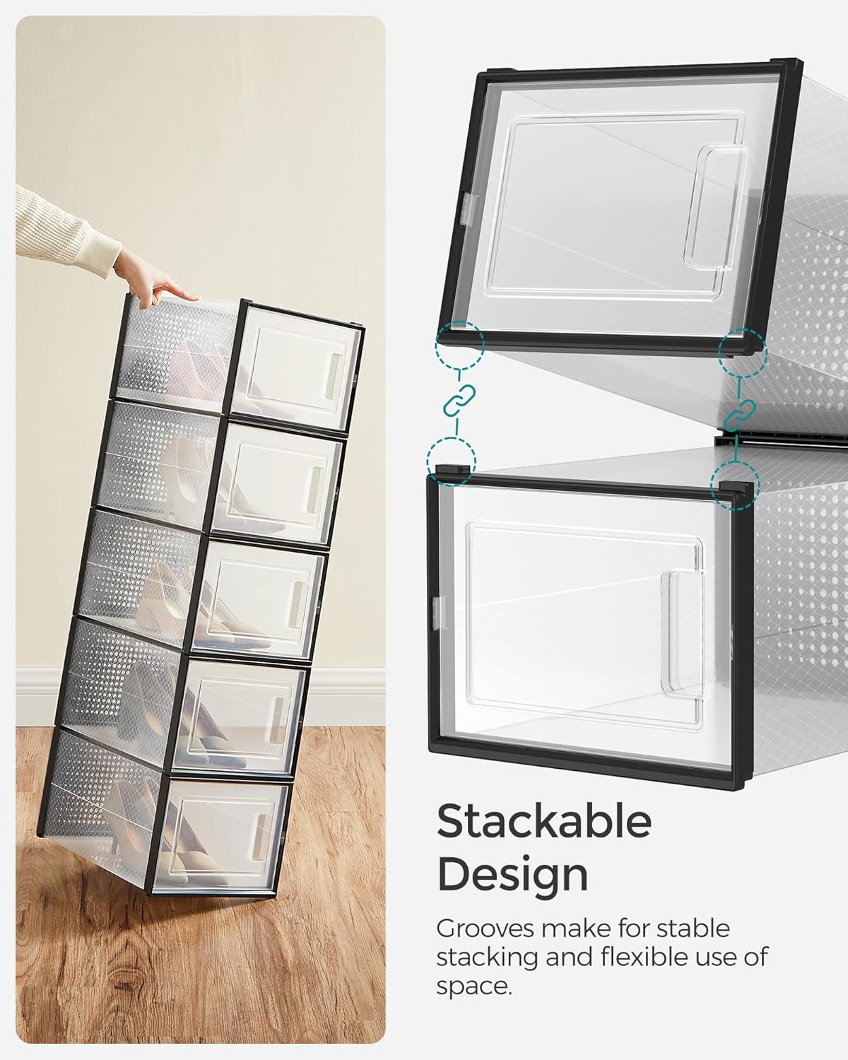 SONGMICS Shoe Boxes, Pack of 18 Shoe Storage Organizers, Stackable Clear Plastic Boxes for Closet, Sneakers, 13.7 x 9.9 x 7.4 Inches, Transparent and Black ULSP007B18