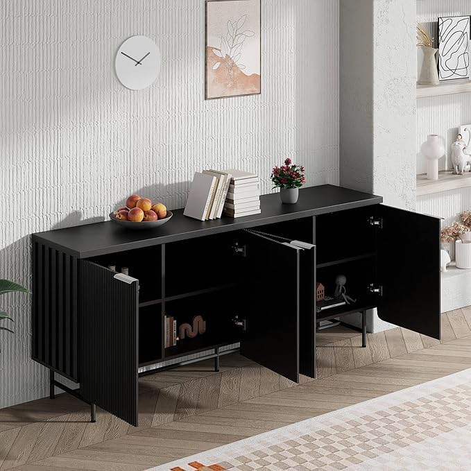 Black Fluted TV Stand with Led Light, 68" Entertainment Center with Storage, Television Stands for 55/60/65/70/75 inch TV, Mid Century TV Console, Media Console, Sideboard Cabinet for Living Room