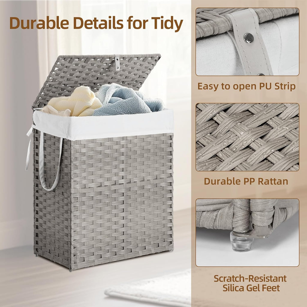 Woven Laundry Basket with Lid, Large Hamper with Removable and Machine-Washable Liner, Foldable Rattan Clothes Hamper, Sturdy Steel Frame, Odor Control, 90L Capacity, Dove Gray