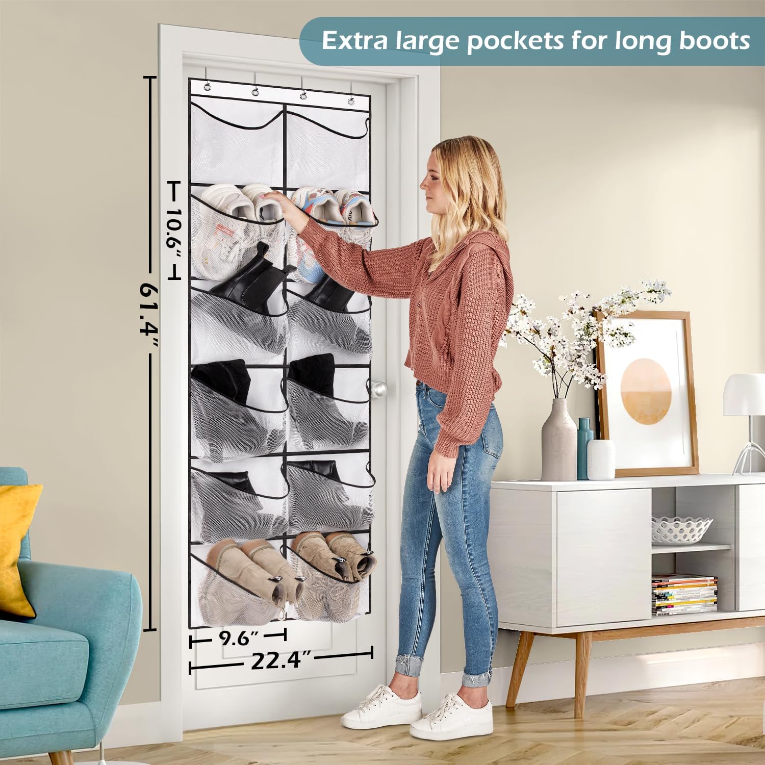 Over The Door Shoe Organizer 12 Large Mesh Pockets Boots Hanging Storage Shoe Rack for Closet White