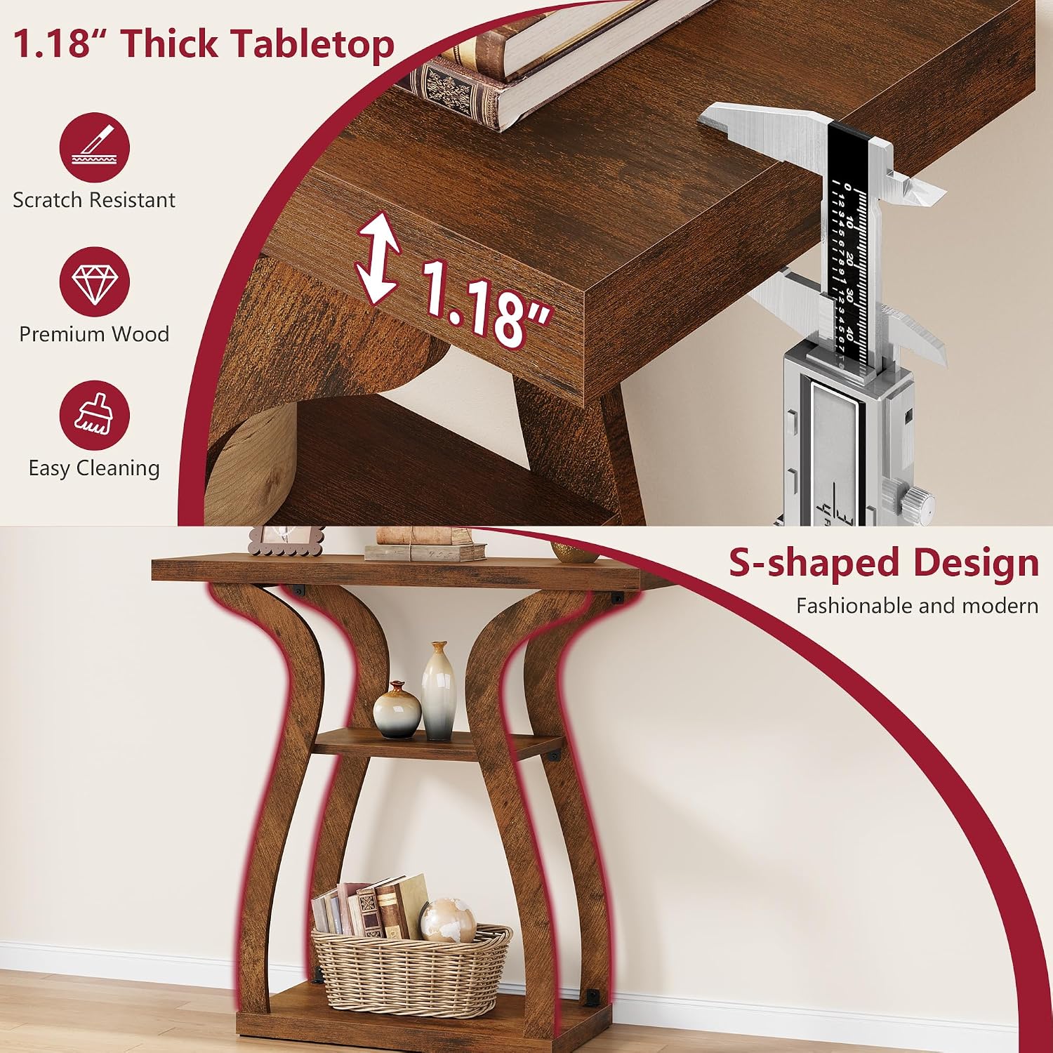Tajsoon 3-Tier Farmhouse Console Table for Entryway 31.5", Rustic Brown