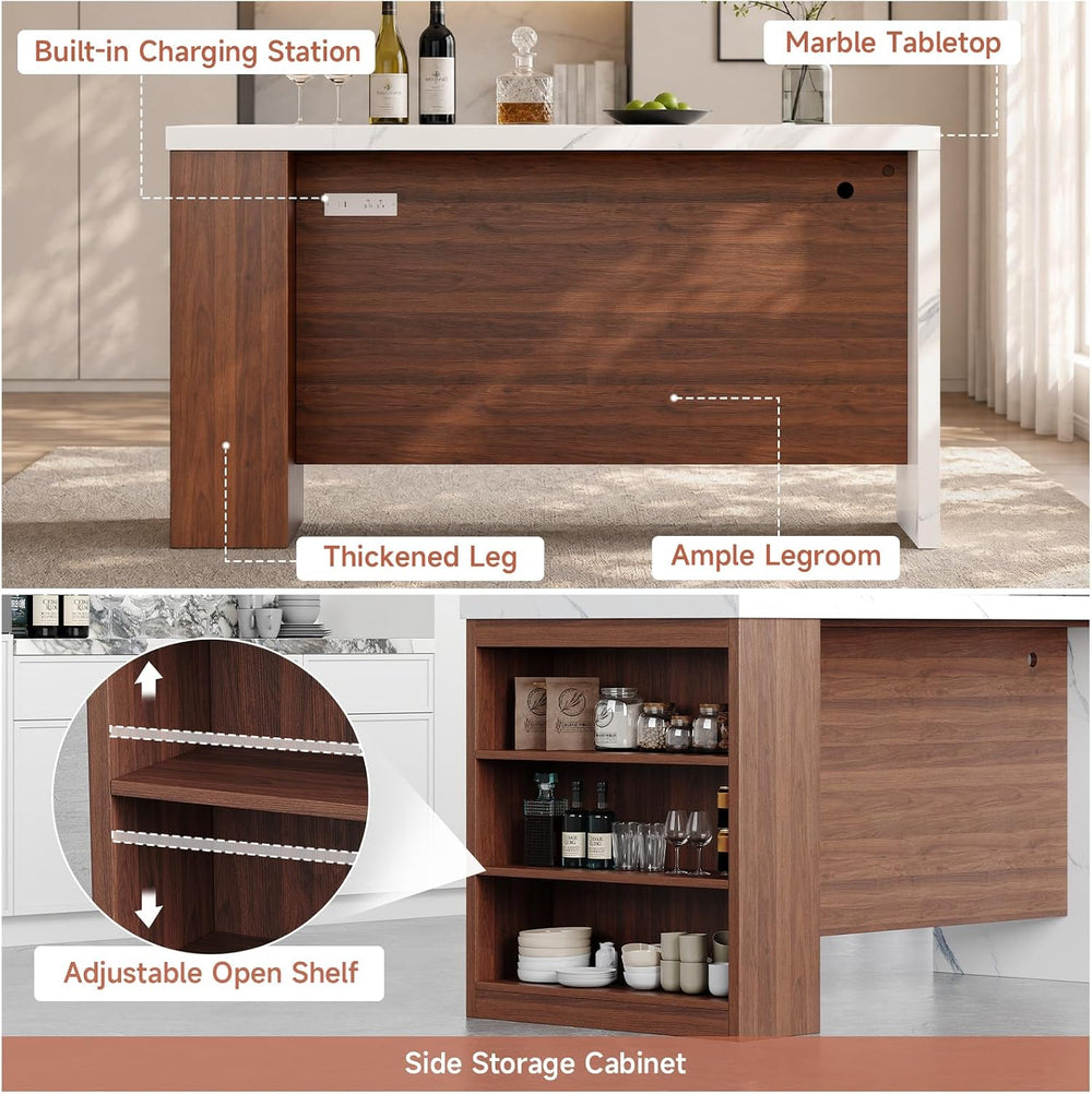 61" Kitchen Island Table with Storage, Counter Height Dining Table, Waln...