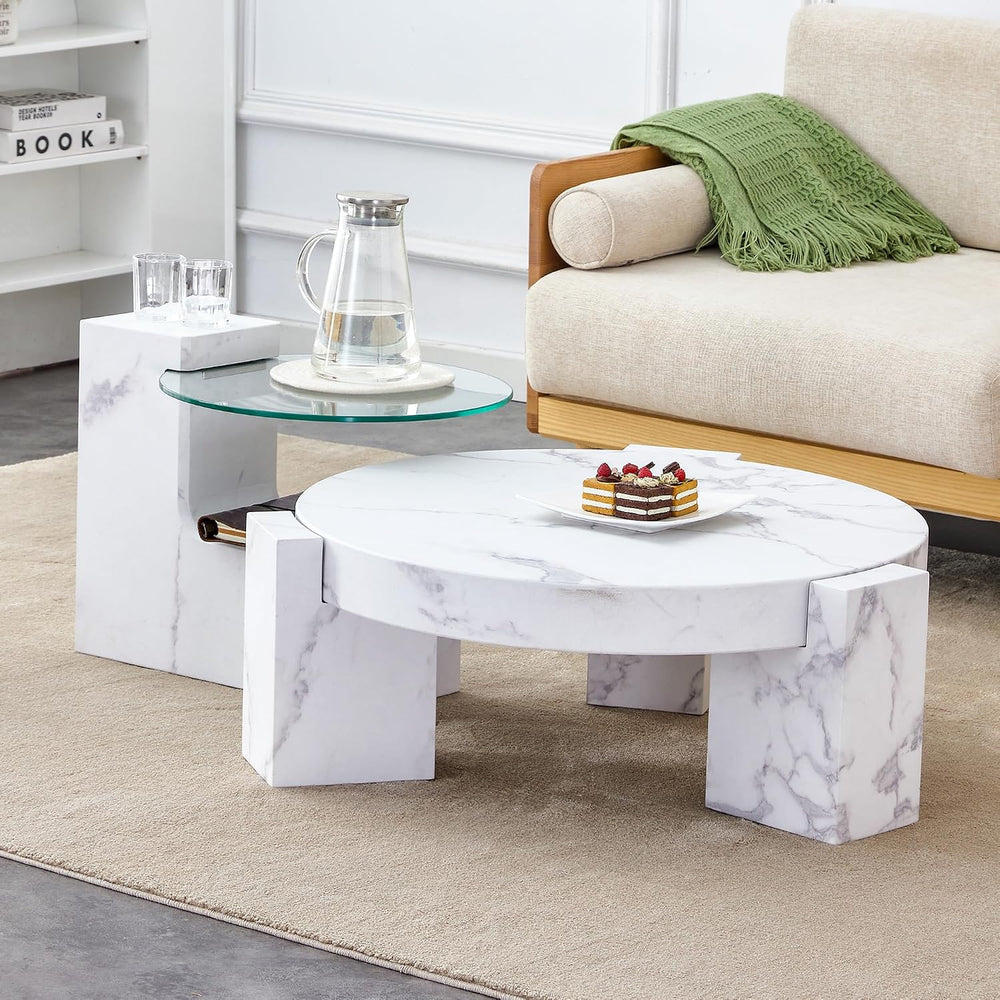 Modern Coffee Table Set of 2, 29.9" Round Wooden Coffee Table with White...