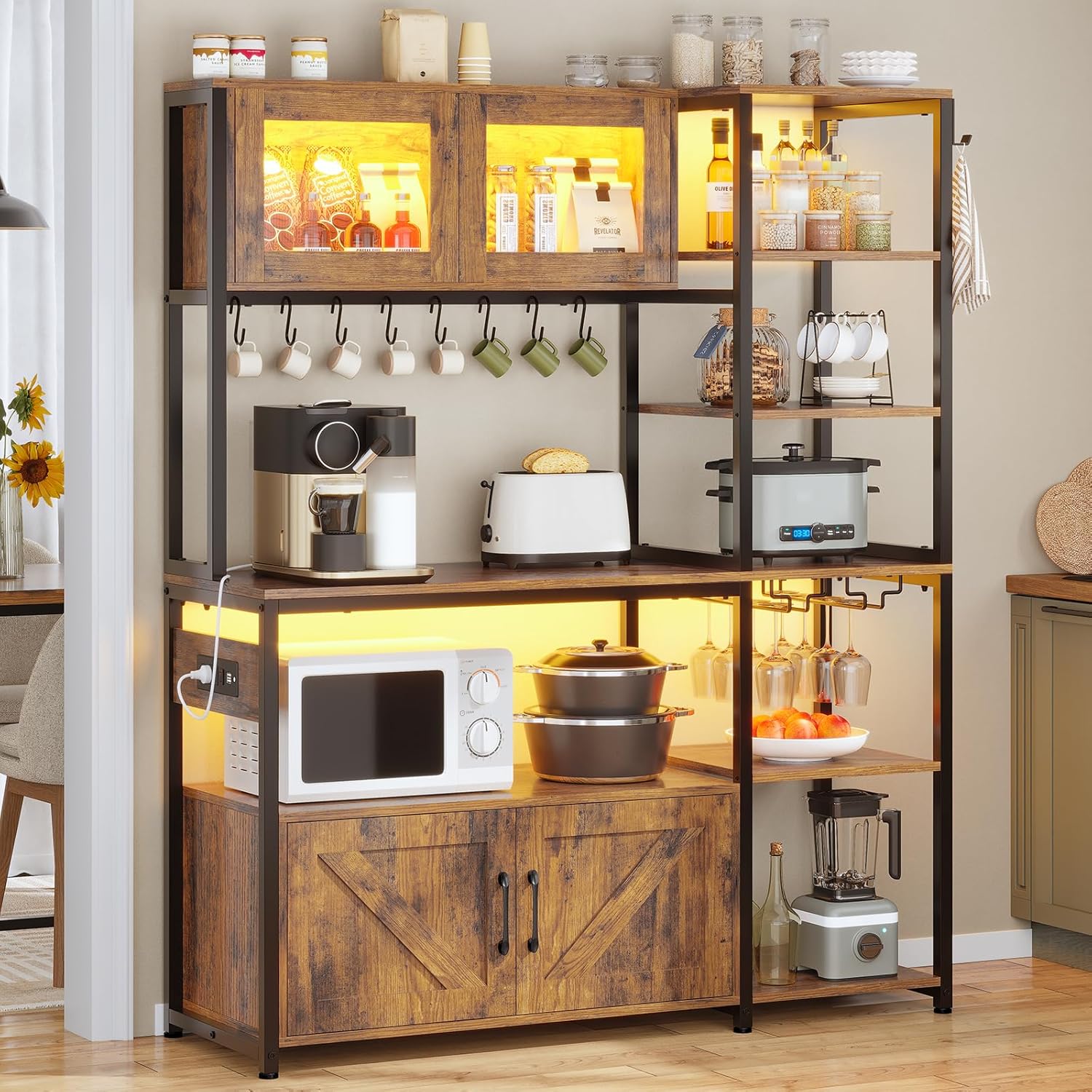 Itaar Bakers Rack with Power Outlet and LED Light, 45.3 Inch Farmhouse Coffee Bar Cabinet, Kitchen Microwave Stand with Storage, Glass Cabinet, Goblet Holder and 8 Hooks (Rustic Brown)