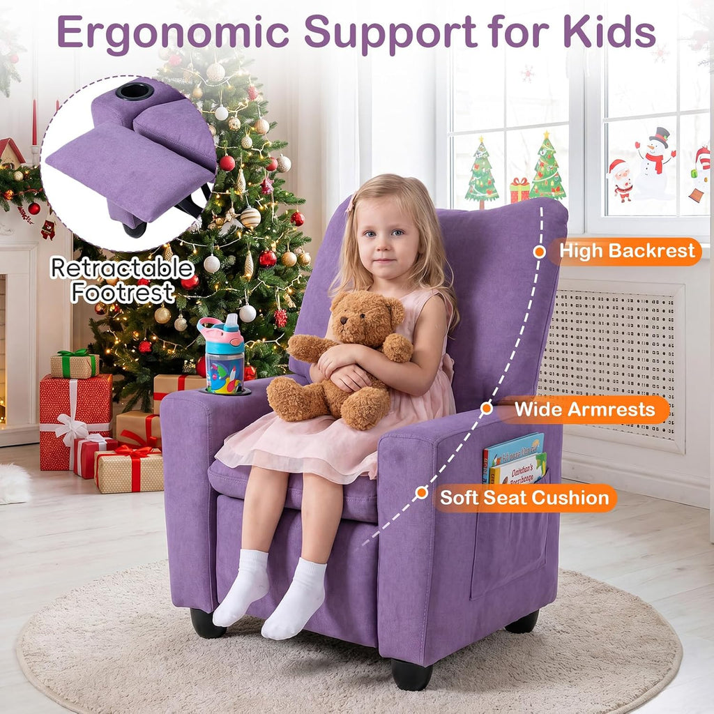 Costzon Kids Recliner Chair with Cup Holder, Toddler Adjustable Lounge Chair w/Footrest for Boys Girls Room, Ergonomic Baby Child Furniture Sofa for Age 3+ Gifts, Kids Mini Recliner up to 150 lbs