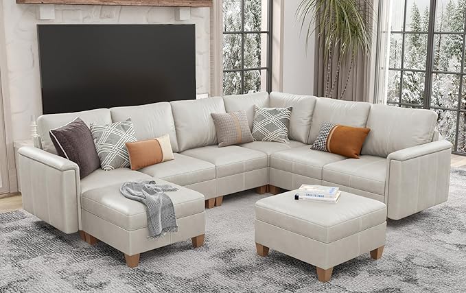 SITJOY 118" Faux Leather Modular Sectional Sofa with Storage, Mid Century Modern Sectional Couches for Living Room, 6 Seater V Shaped Couch with Chaise, Greige