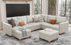 SITJOY 118" Faux Leather Modular Sectional Sofa with Storage, Mid Century Modern Sectional Couches for Living Room, 6 Seater V Shaped Couch with Chaise, Greige