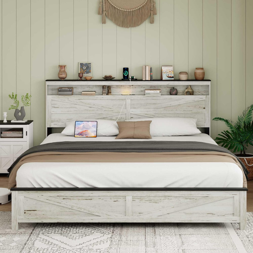 Ball & Cast Wood King Size Bed Frame with Storage Headboard,Farmhouse Pla...